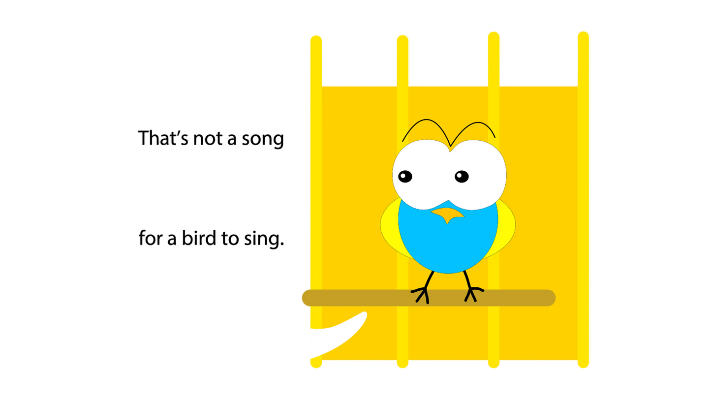 Cartoon bird in a cage with text on a yellow background