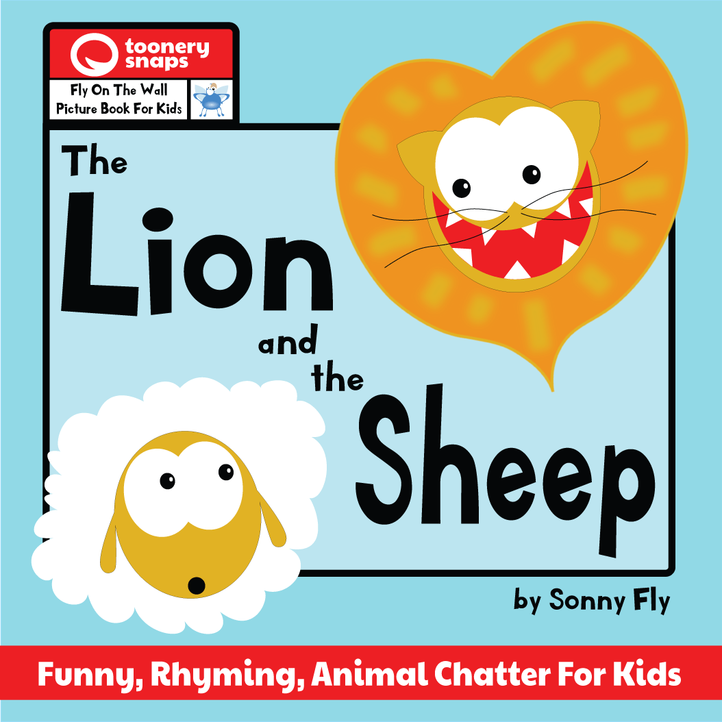 Book cover of 'The Lion and the Sheep' with cartoon lion and sheep on a blue background