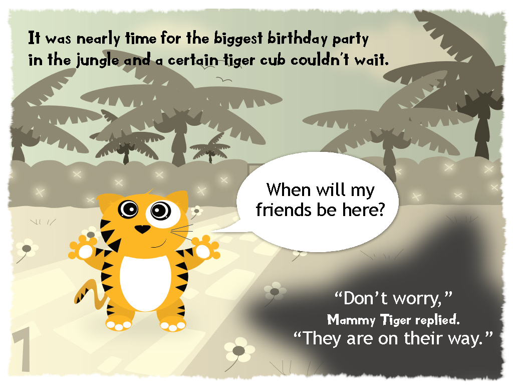 Cartoon tiger cub with a speech bubble asking 'When will my friends be here?' in a jungle setting.