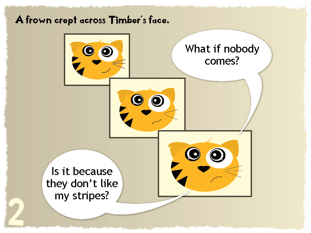 Cartoon of a tiger with facial expressions and text bubbles on a beige background