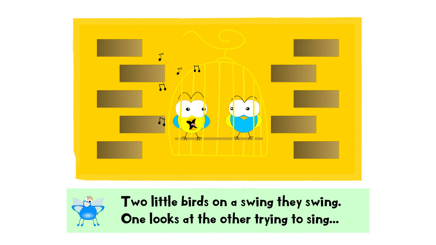 Illustration of two birds in a cage with text on a yellow background
