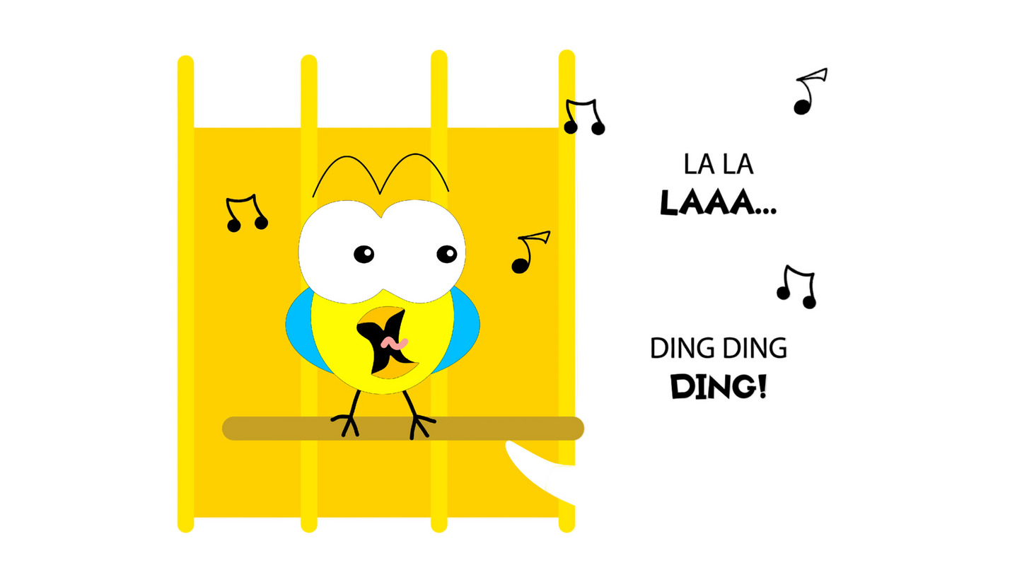 Cartoon character in a yellow box with musical notes and text on a white background