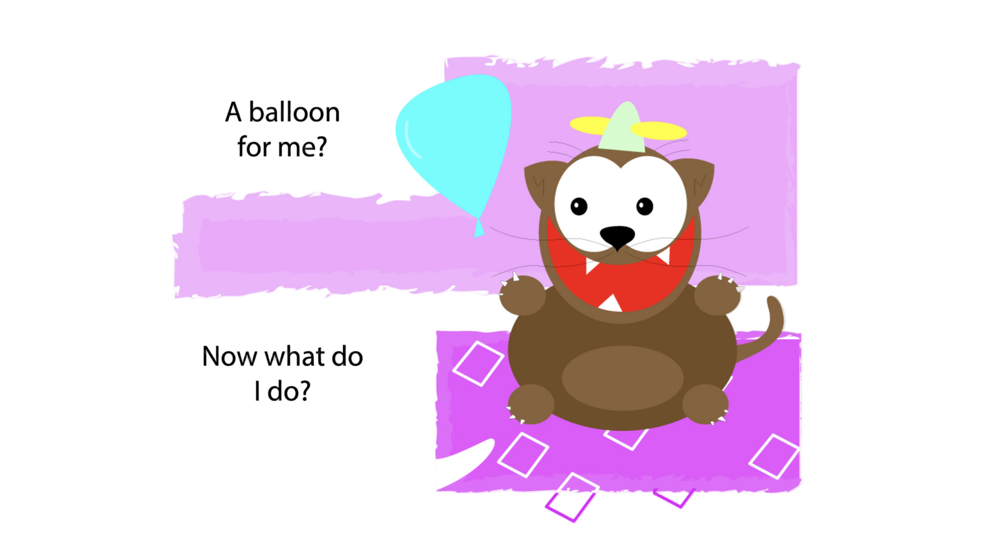 Cartoon cat with a balloon and text bubbles on a purple background