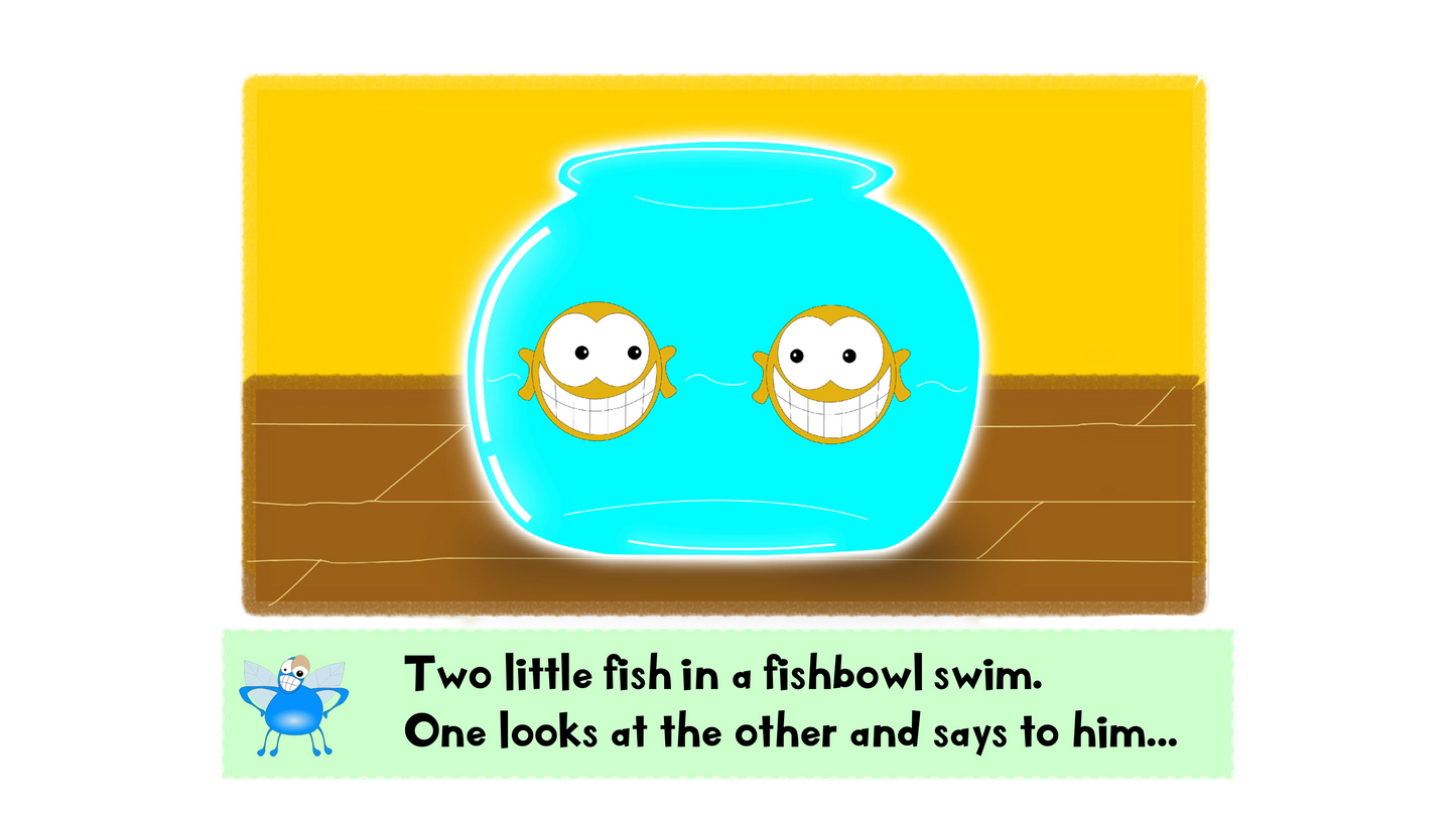 Two cartoon fish in fishbowl smiling.