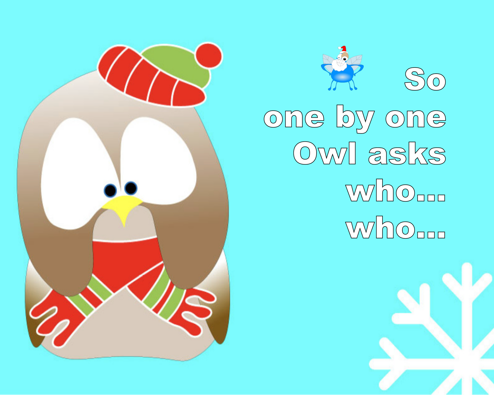 Cartoon owl in winter clothing with text on a blue background
